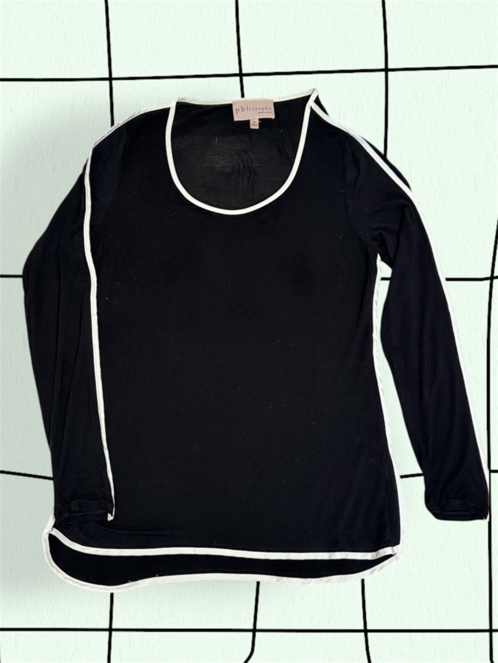 Philosophy Black Long Sleeve Top with White Piping Oversized Medium
